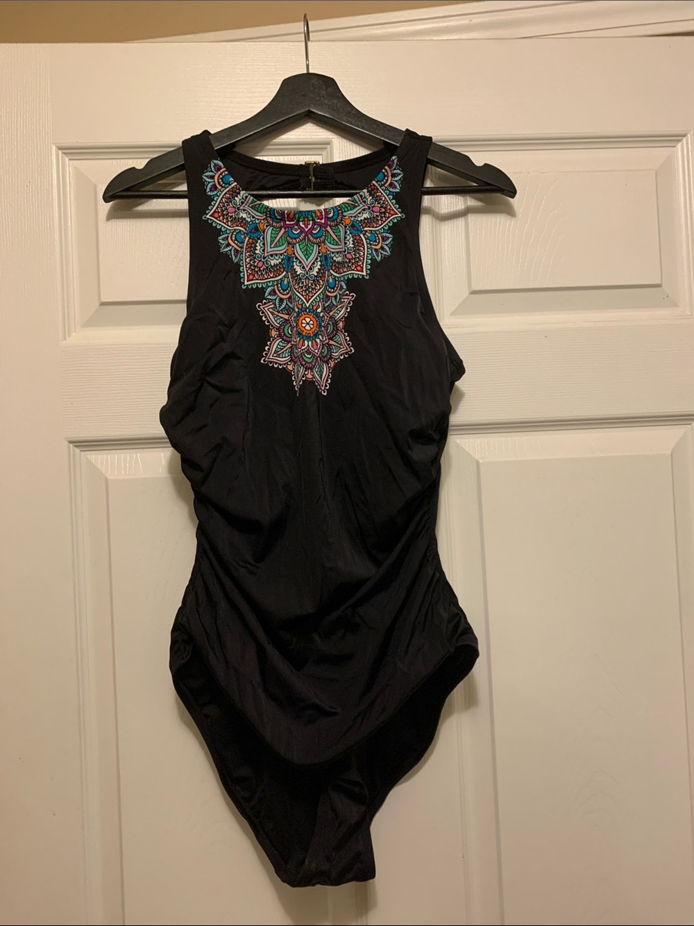 Black One-Piece Swimsuit with Multicolor Embroidered Neckline